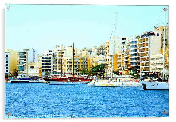 Waterfront and quayside, Sliema, Malta. Acrylic by john hill