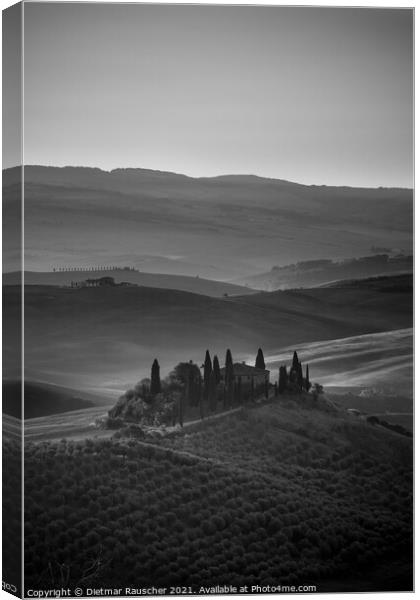 Podere Belvedere Villa in Tuscany at Sunrise Black and White Canvas Print by Dietmar Rauscher