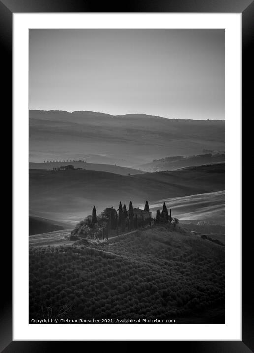 Podere Belvedere Villa in Tuscany at Sunrise Black and White Framed Mounted Print by Dietmar Rauscher