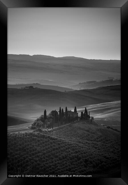 Podere Belvedere Villa in Tuscany at Sunrise Black and White Framed Print by Dietmar Rauscher
