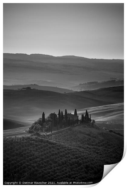 Podere Belvedere Villa in Tuscany at Sunrise Black and White Print by Dietmar Rauscher