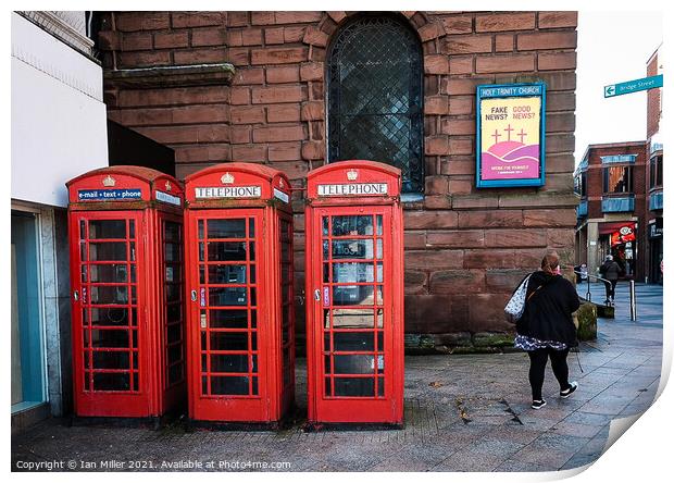 Old Red GPO telephone boxes. Print by Ian Miller
