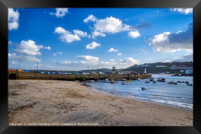 St Ives beach and harbour Framed Print by Gordon Maclaren