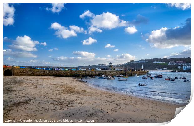 St Ives beach and harbour Print by Gordon Maclaren