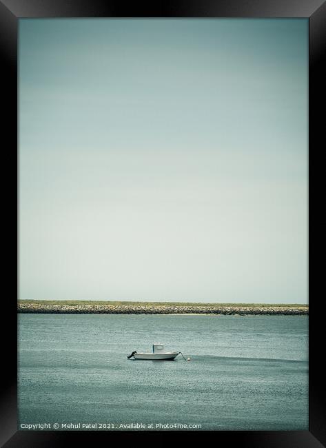 Small white boat moored in water Framed Print by Mehul Patel