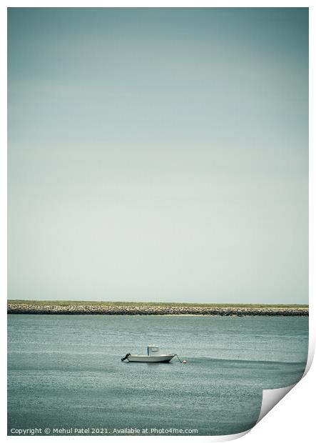 Small white boat moored in water Print by Mehul Patel