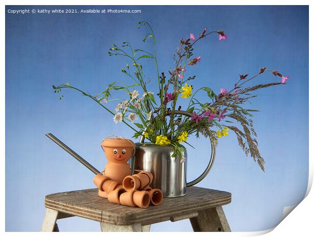 Flower pot man with wild flowers Print by kathy white