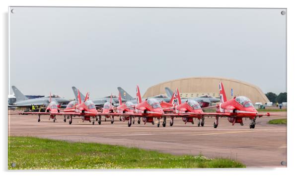 The Red Arrows hug a taxiway in front of four Typhoon's Acrylic by Jason Wells