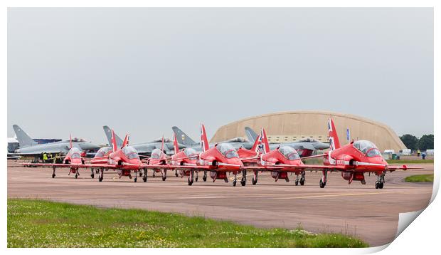 The Red Arrows hug a taxiway in front of four Typhoon's Print by Jason Wells
