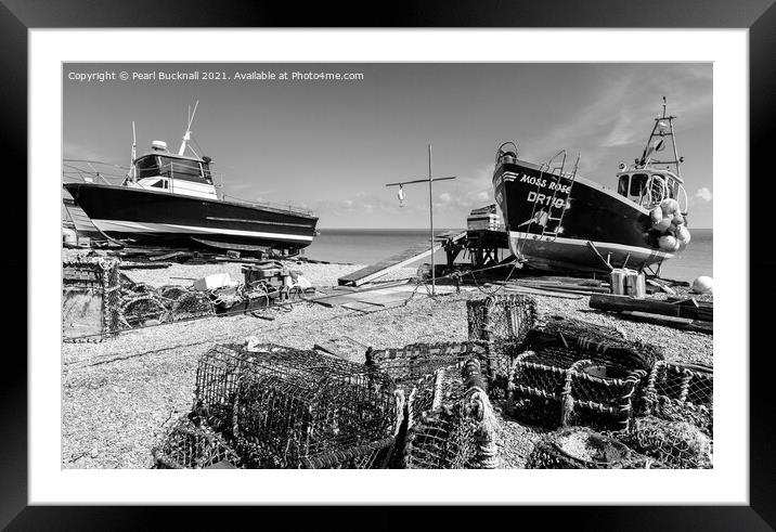 Deal seafront boats Kent Black and White Framed Mounted Print by Pearl Bucknall