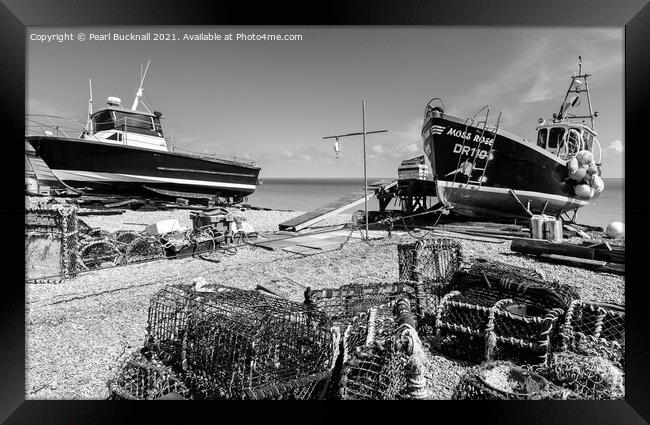 Deal seafront boats Kent Black and White Framed Print by Pearl Bucknall