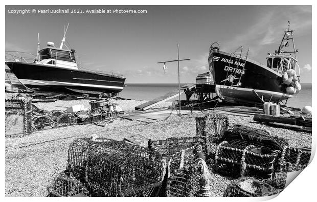 Deal seafront boats Kent Black and White Print by Pearl Bucknall