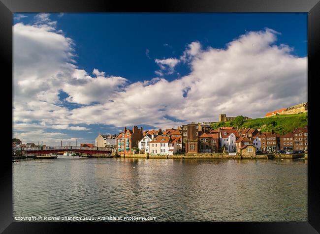 Whitby - swing bridge and quayside Framed Print by Michael Shannon