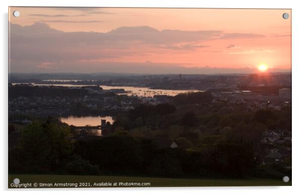 Sunset over Plymouth, River Tamar and Radford Lake Acrylic by Simon Armstrong