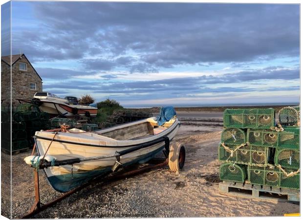Boulmer Fishing boat and Lobster Pots  Canvas Print by David Thompson