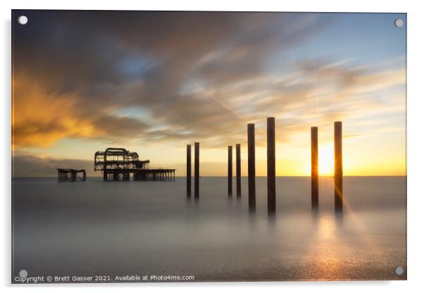 Brighton West Pier Sunset Acrylic by Brett Gasser