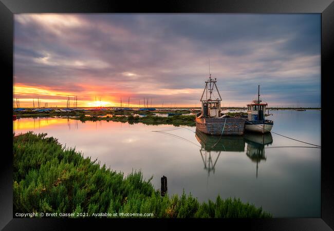 Brancaster Staithe Fishing Boat Sunset Framed Print by Brett Gasser