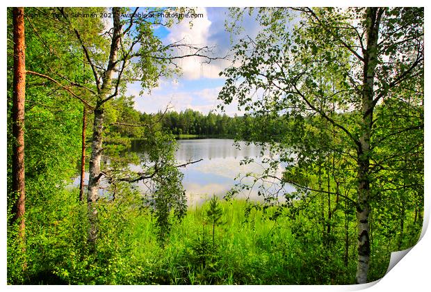 Calm Lake Sorvasto on Midsummer Eve Print by Taina Sohlman