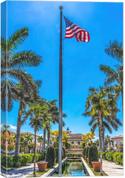 Memorial Fountain Reflection Flag Town Hall Palm Beach Florida Canvas Print by William Perry