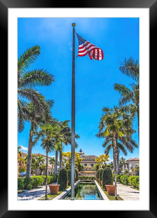 Memorial Fountain Reflection Flag Town Hall Palm Beach Florida Framed Mounted Print by William Perry