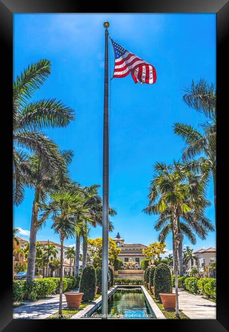 Memorial Fountain Reflection Flag Town Hall Palm Beach Florida Framed Print by William Perry