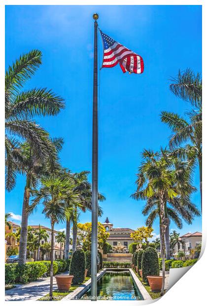 Memorial Fountain Reflection Flag Town Hall Palm Beach Florida Print by William Perry