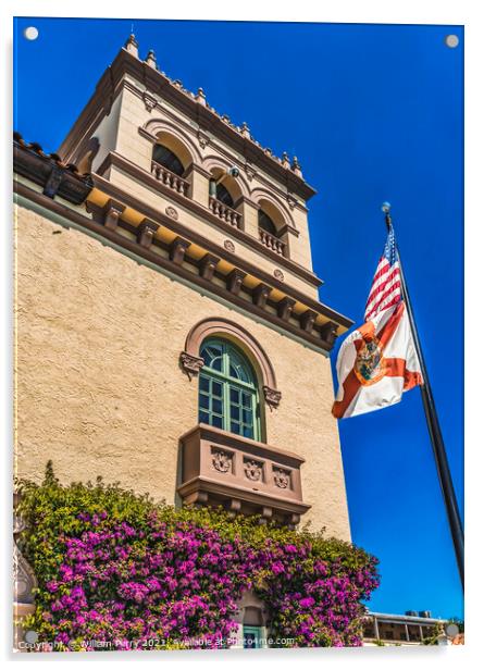 Flags Flowers Town Hall Palm Beach Florida Acrylic by William Perry