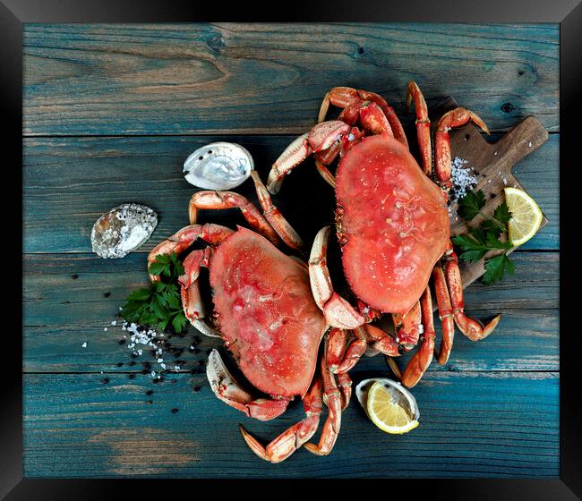 Freshly cooked crab with ingredients in flat lay format for seaf Framed Print by Thomas Baker