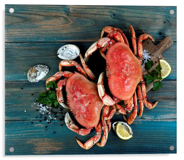 Freshly cooked crab with ingredients in flat lay format for seaf Acrylic by Thomas Baker