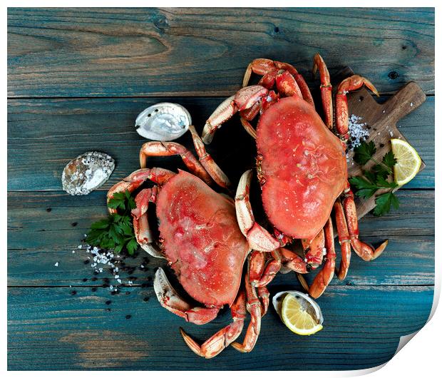 Freshly cooked crab with ingredients in flat lay format for seaf Print by Thomas Baker