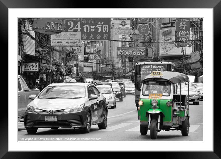 Tuk tuk and taxi in Chinatown, Bangkok Framed Mounted Print by Kevin Hellon