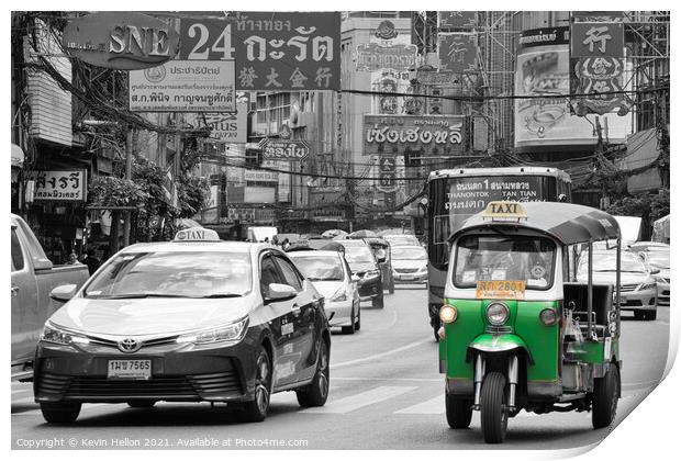 Tuk tuk and taxi in Chinatown, Bangkok Print by Kevin Hellon