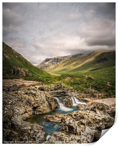 Waterfalls at Glen Etive Print by Stuart Gilbert