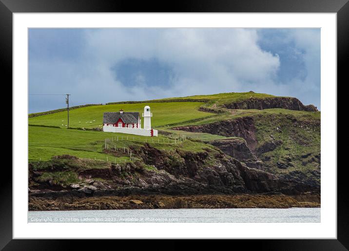 Dingle Lighthouse on cliff coast of Dingle peninsu Framed Mounted Print by Christian Lademann