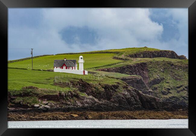 Dingle Lighthouse on cliff coast of Dingle peninsu Framed Print by Christian Lademann