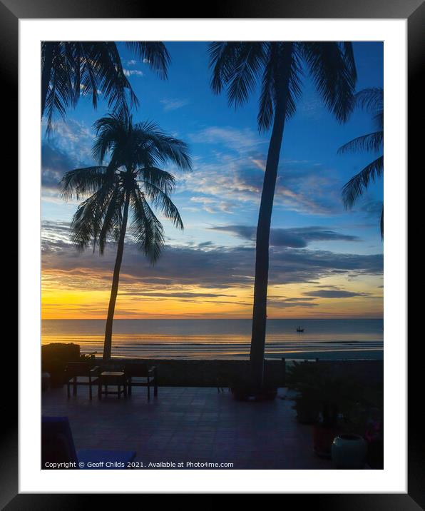 Exotic tropical sunrise seascape with Palm Trees in silhouette.  Framed Mounted Print by Geoff Childs