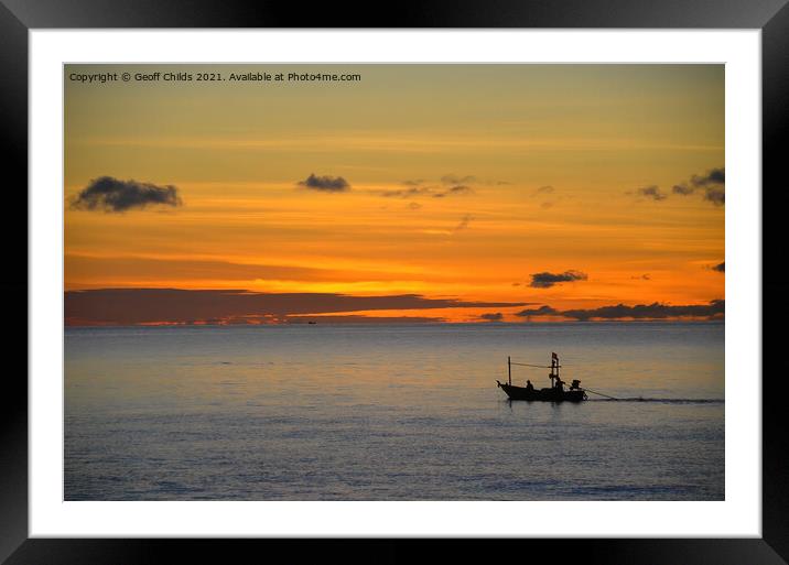 Tropical nautical sunrise seascape with fishing boat silhouette. Framed Mounted Print by Geoff Childs