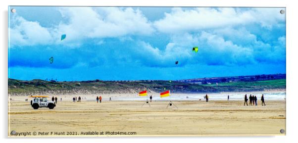 Kite Flying At Gwithian Sands Acrylic by Peter F Hunt