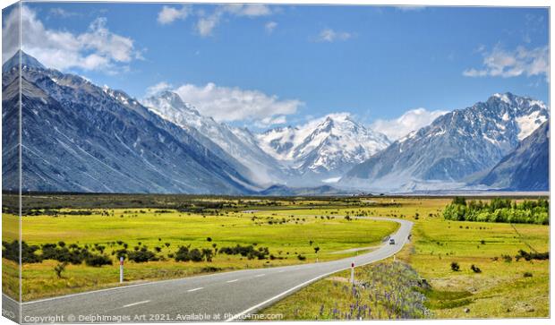 Road to Aoraki (Mount Cook), New Zealand Canvas Print by Delphimages Art
