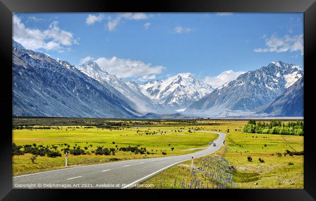 Road to Aoraki (Mount Cook), New Zealand Framed Print by Delphimages Art