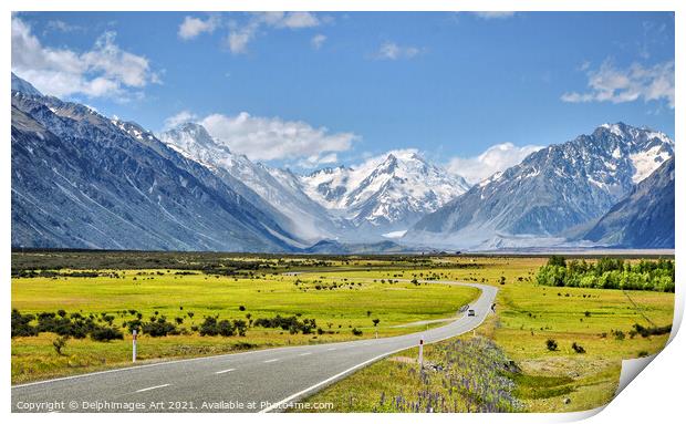 Road to Aoraki (Mount Cook), New Zealand Print by Delphimages Art