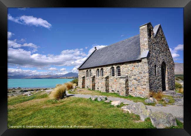 Lake Tekapo New Zealand Church of the Good Sheperd Framed Print by Delphimages Art