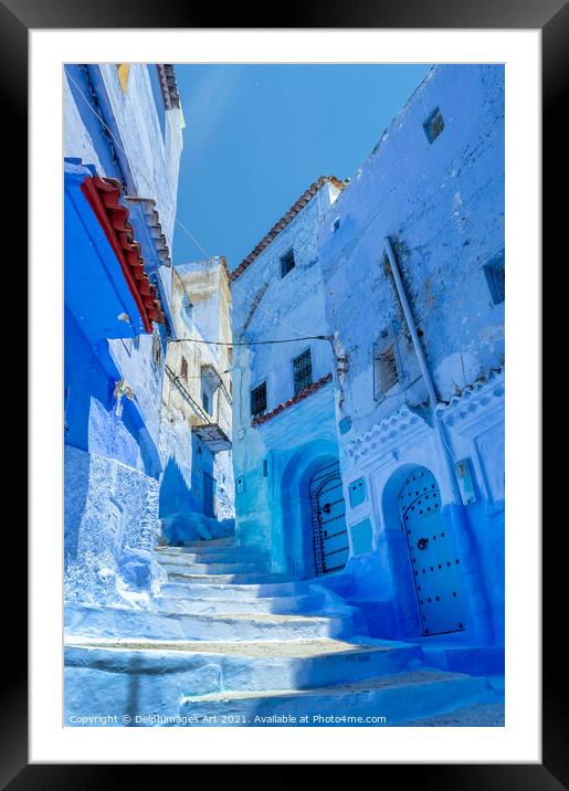 Street in the blue city of Chefchaouen in Morocco Framed Mounted Print by Delphimages Art
