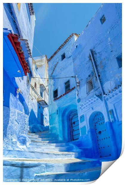 Street in the blue city of Chefchaouen in Morocco Print by Delphimages Art