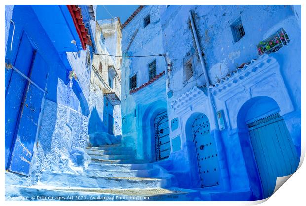 Street in the Blue City, Chefchaouen, Morocco Print by Delphimages Art