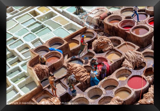 Colorful old leather tanneries of Fez, Morocco Framed Print by Delphimages Art