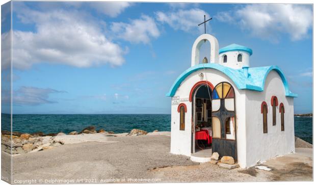 Colourful greek chapel near Chania, Crete Canvas Print by Delphimages Art
