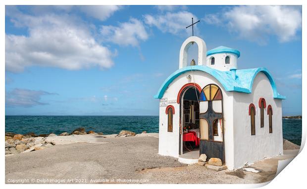 Colourful greek chapel near Chania, Crete Print by Delphimages Art