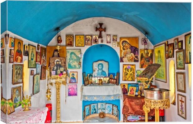 Chania Crete. Interior of blue orthodox chapel Canvas Print by Delphimages Art