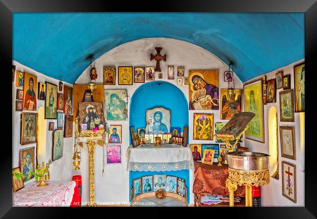 Chania Crete. Interior of blue orthodox chapel Framed Print by Delphimages Art